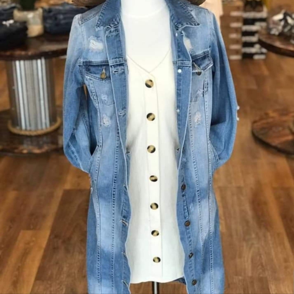 NWT Long distressed denim jacket size Small